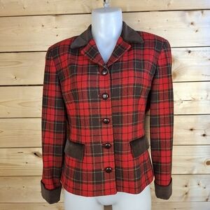 LIZ SPORT Red Brown Equestrian Plaid Lined Wool Blend Riding Jacket Blazer
